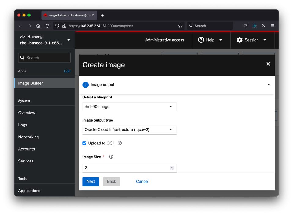Screenshot of Image Builder "Upload to OCI" checkbox (checked)